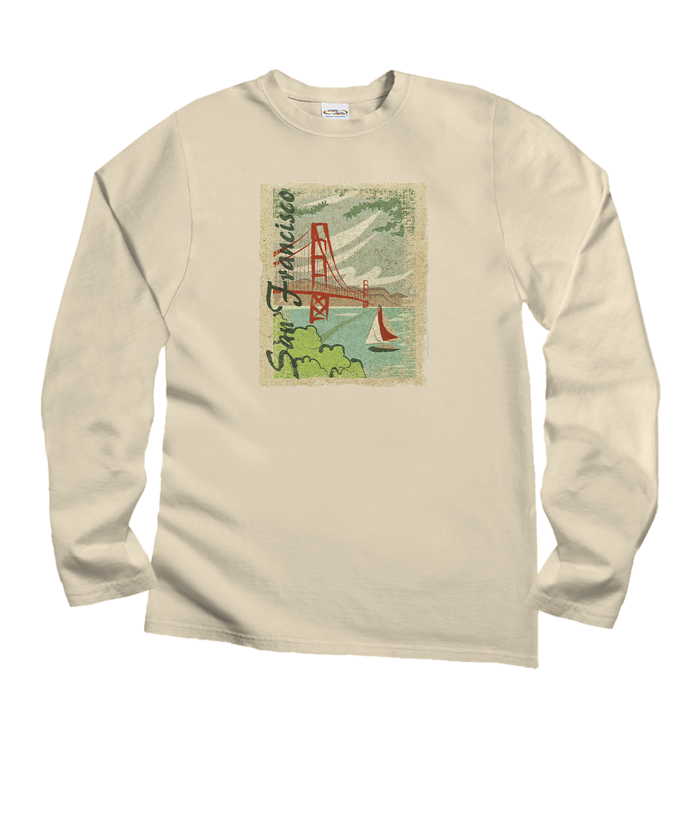 A cream-colored long-sleeve t-shirt with a vintage-style graphic print of the Golden Gate Bridge in San Francisco on the chest. View 1