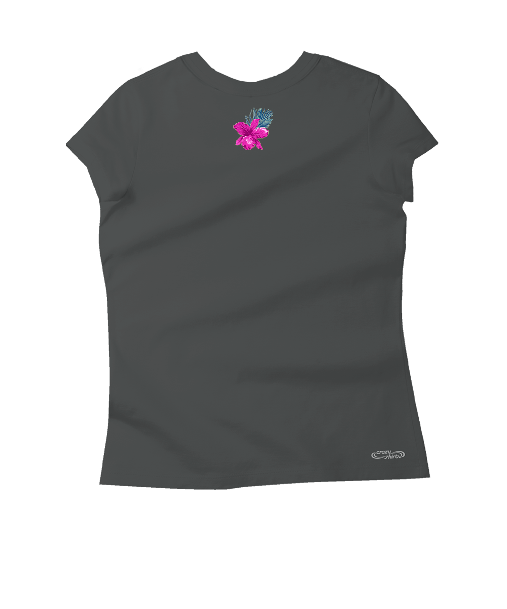 Black t-shirt with a colorful butterfly design on a white background View 4
