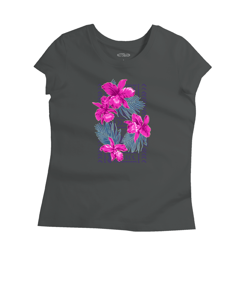 Dark gray t-shirt with pink floral design on a white background View 1