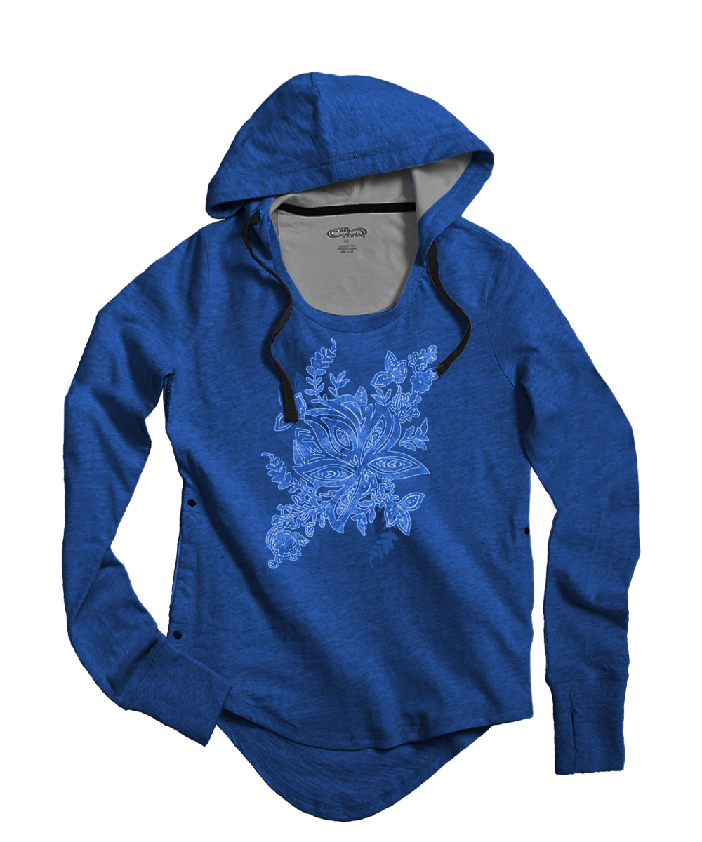 A heather blue hooded long-sleeve shirt with a light blue floral mandala graphic on the front, black drawstrings, and a gray inner hood lining, shown against a plain white background. View 1