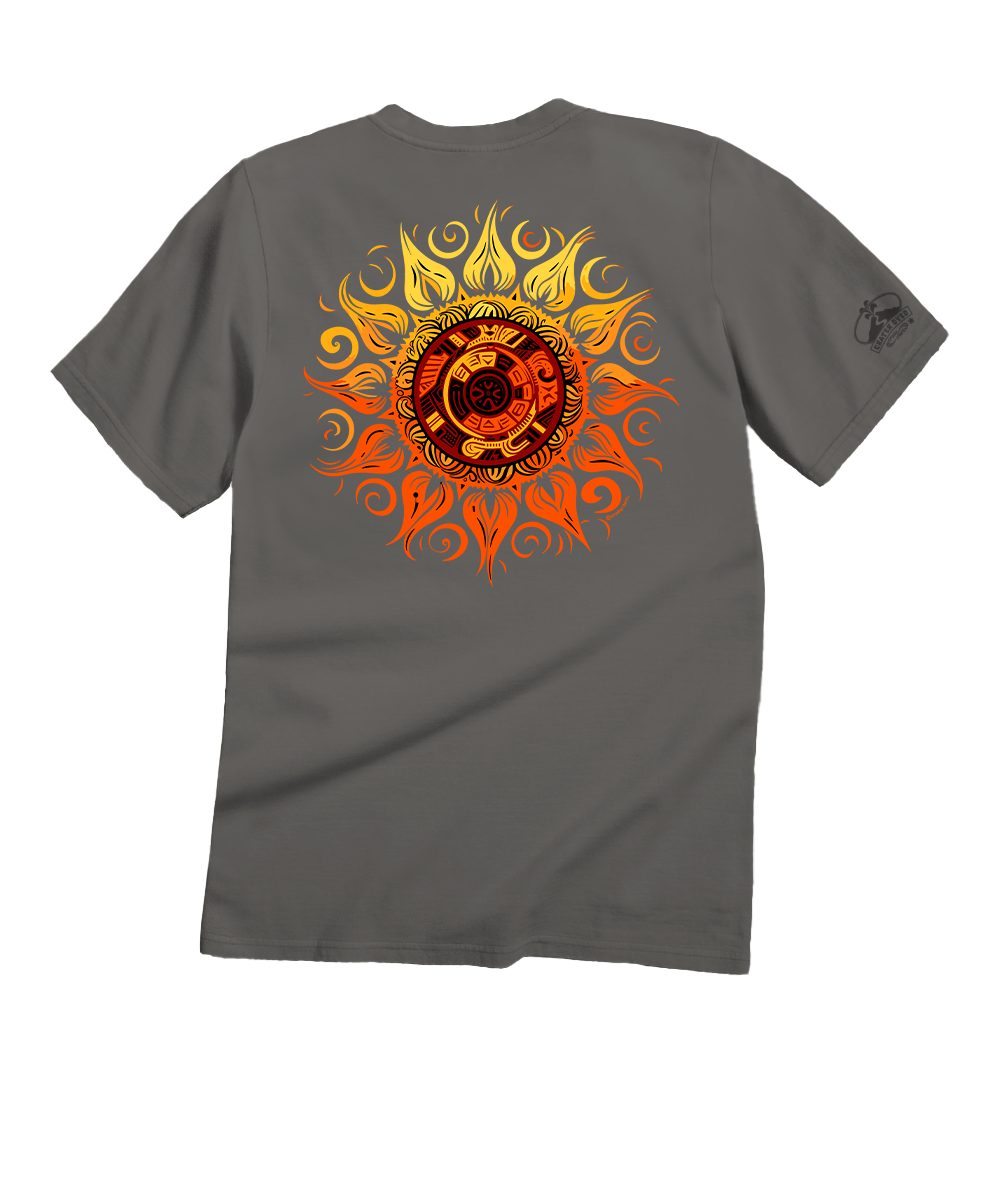 Gray t-shirt with a colorful sun design on the back against a white background View 1