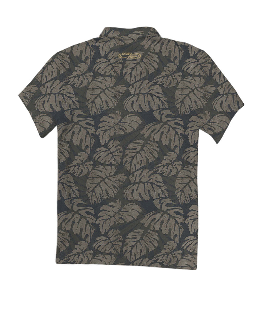 A short-sleeve polo shirt with an all-over tropical monstera leaf pattern in olive green and dark charcoal gray, shown flat against a white background. View 4