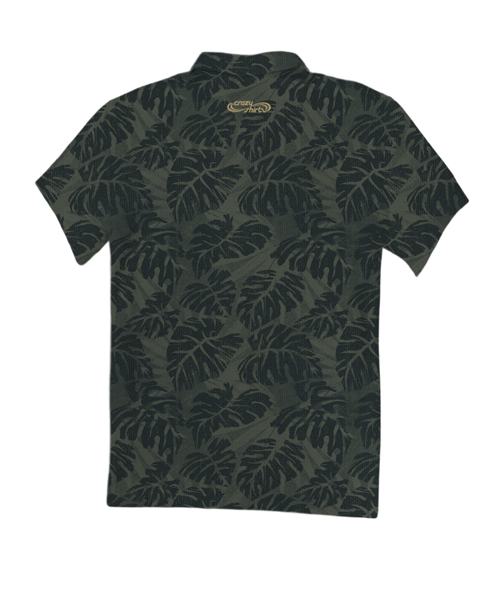 A short-sleeve polo shirt with an all-over dark tropical leaf pattern, shown flat against a plain white background. A small gold logo is visible on the inner neck label. View 4