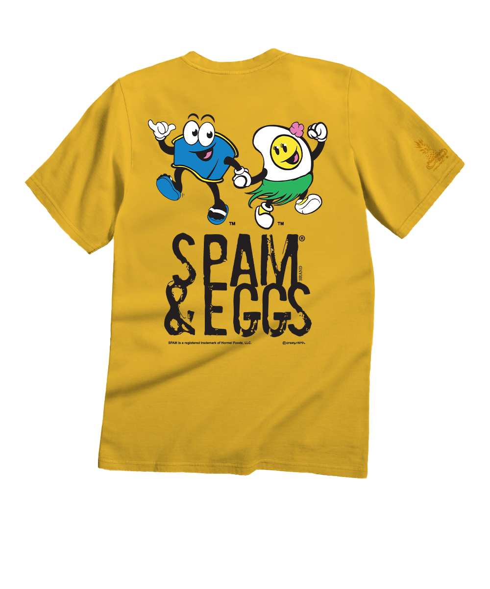 Yellow t-shirt with cartoon characters and 'SPAM & EGGS' text on a white background View 1
