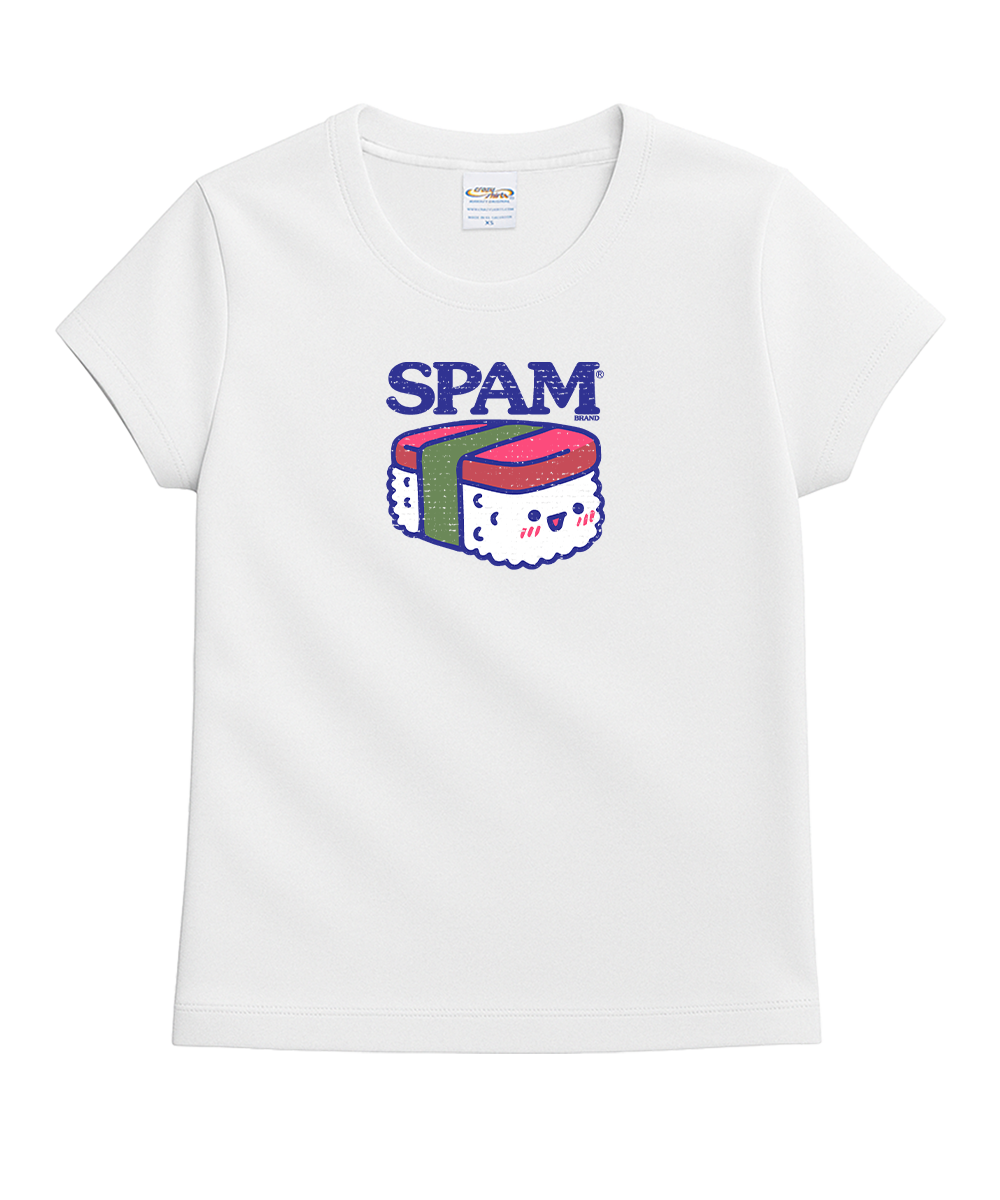 White t-shirt with a colorful 'SPAM' logo on a white background View 4