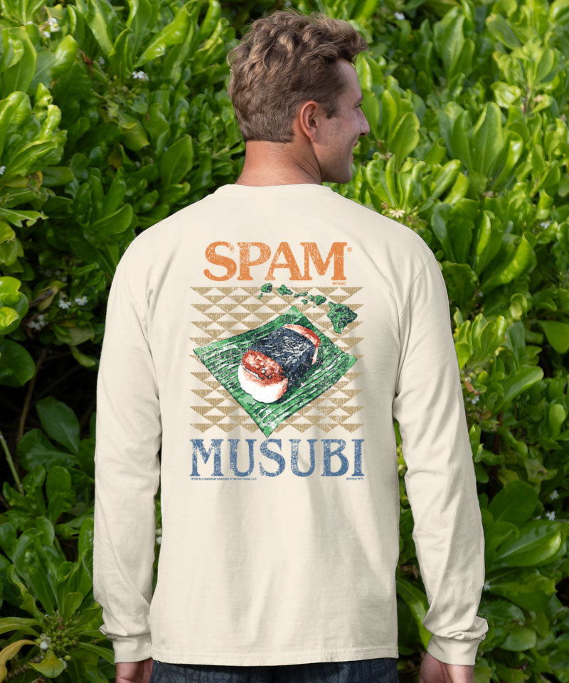Man wearing a long-sleeve shirt with 'SPAM MUSUBI' graphic in a natural setting View 2