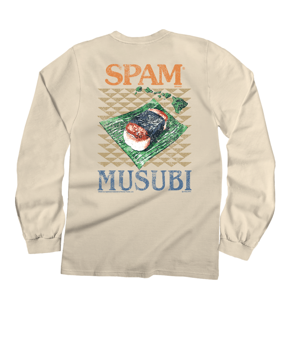 Long-sleeve shirt with 'SPAM MUSUBI' graphic on a beige background View 1