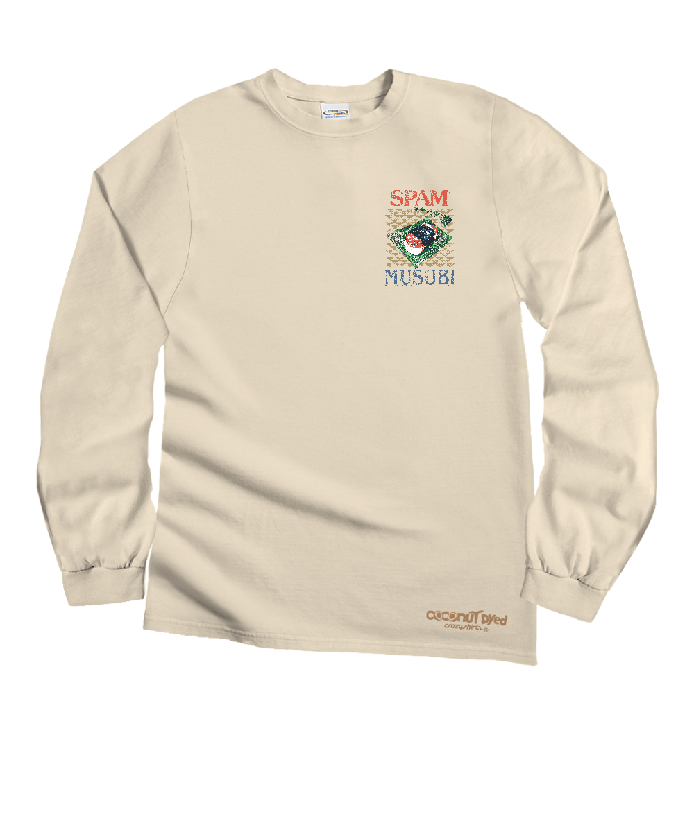 A beige long-sleeve crewneck t-shirt with a small graphic on the left chest reading 'SPAM MUSUBI' and a small logo near the bottom hem, displayed on a clean white background. View 4