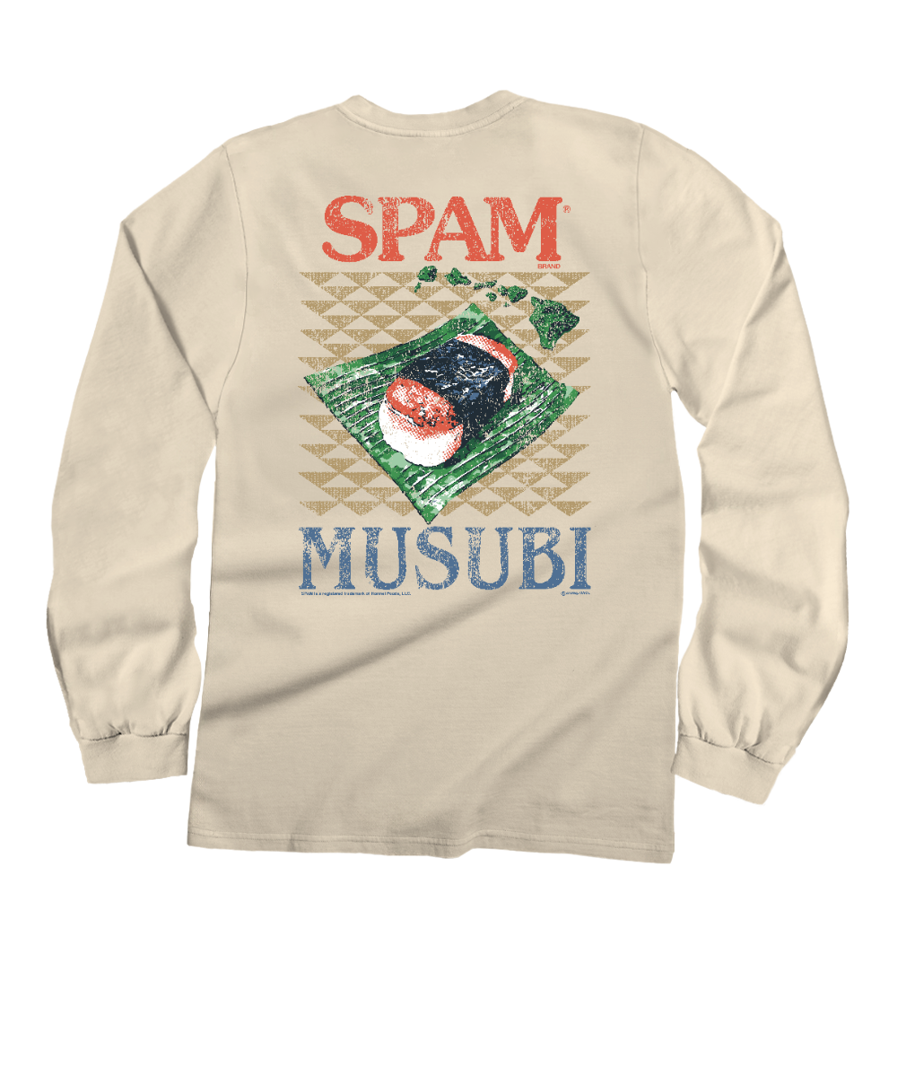 A beige long-sleeve t-shirt with a large graphic print on the back featuring the words 'SPAM MUSUBI' and an illustration of two pieces of sushi on a green leaf over a tan geometric pattern. View 1