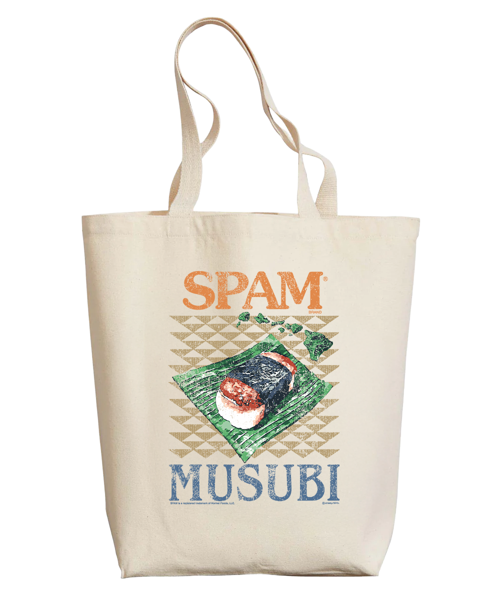 Tote bag with 'SPAM MUSUBI' graphic on a white background View 1