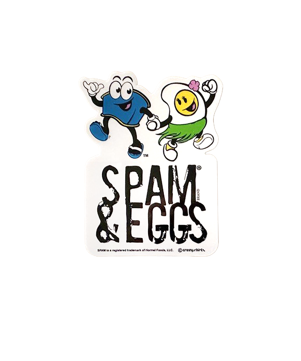 Spam and Eggs cartoon characters sticker with Spam and Eggs text below View 1