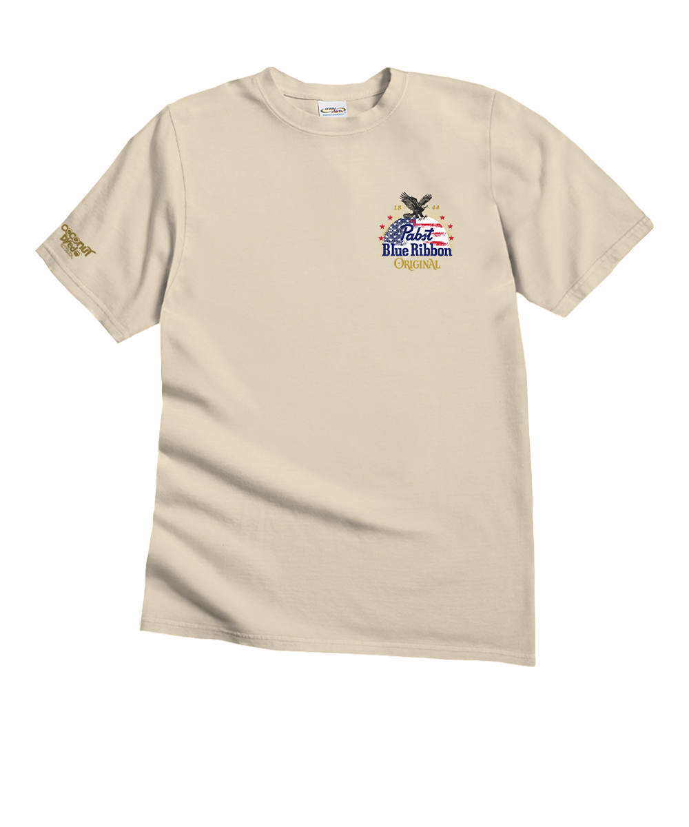 Beige t-shirt with a logo on the chest on a white background View 4