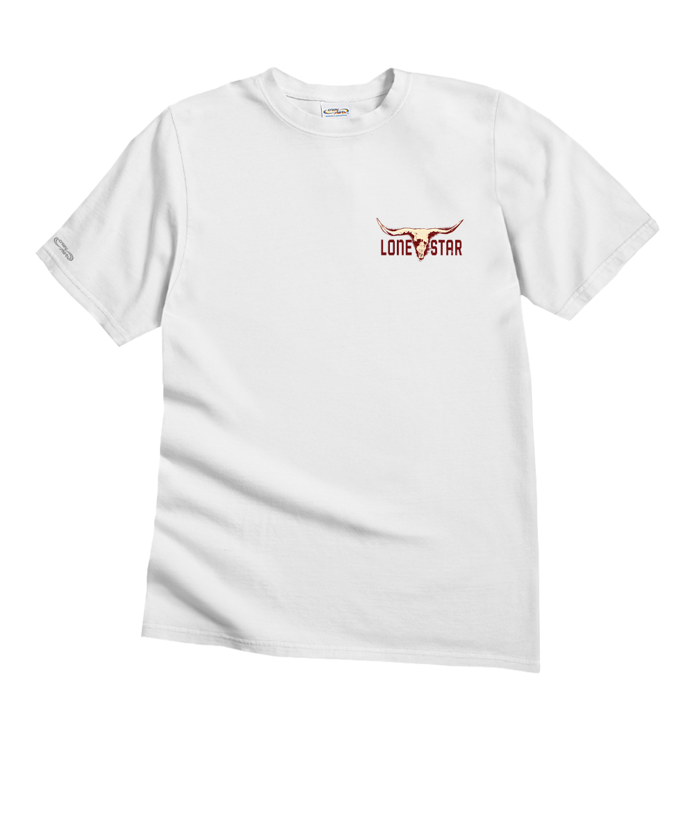 White t-shirt with a red and black logo on a white background View 4