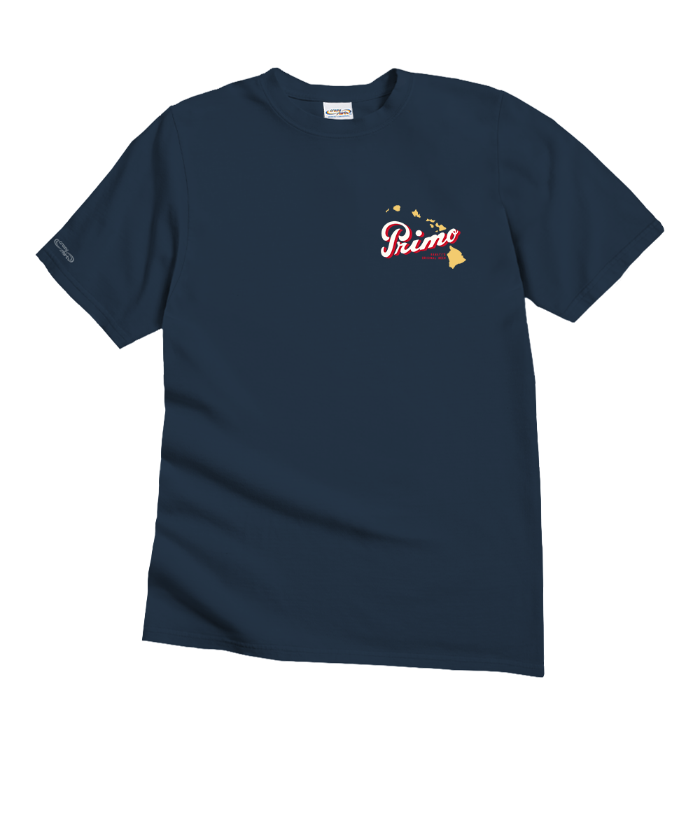 Navy blue t-shirt with a logo on the chest against a white background View 4
