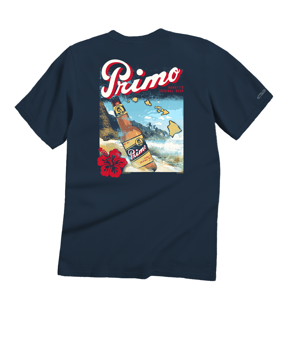 Navy blue t-shirt with 'Primo' branding and a graphic of a bottle and beach scene on the back. View 1