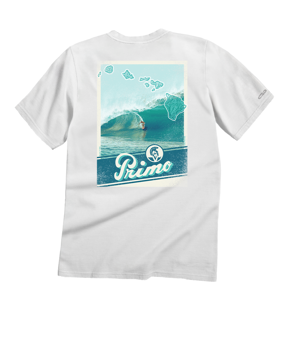 White t-shirt with a graphic of a surfer and wave on the back, featuring the brand 'Primo'. View 1
