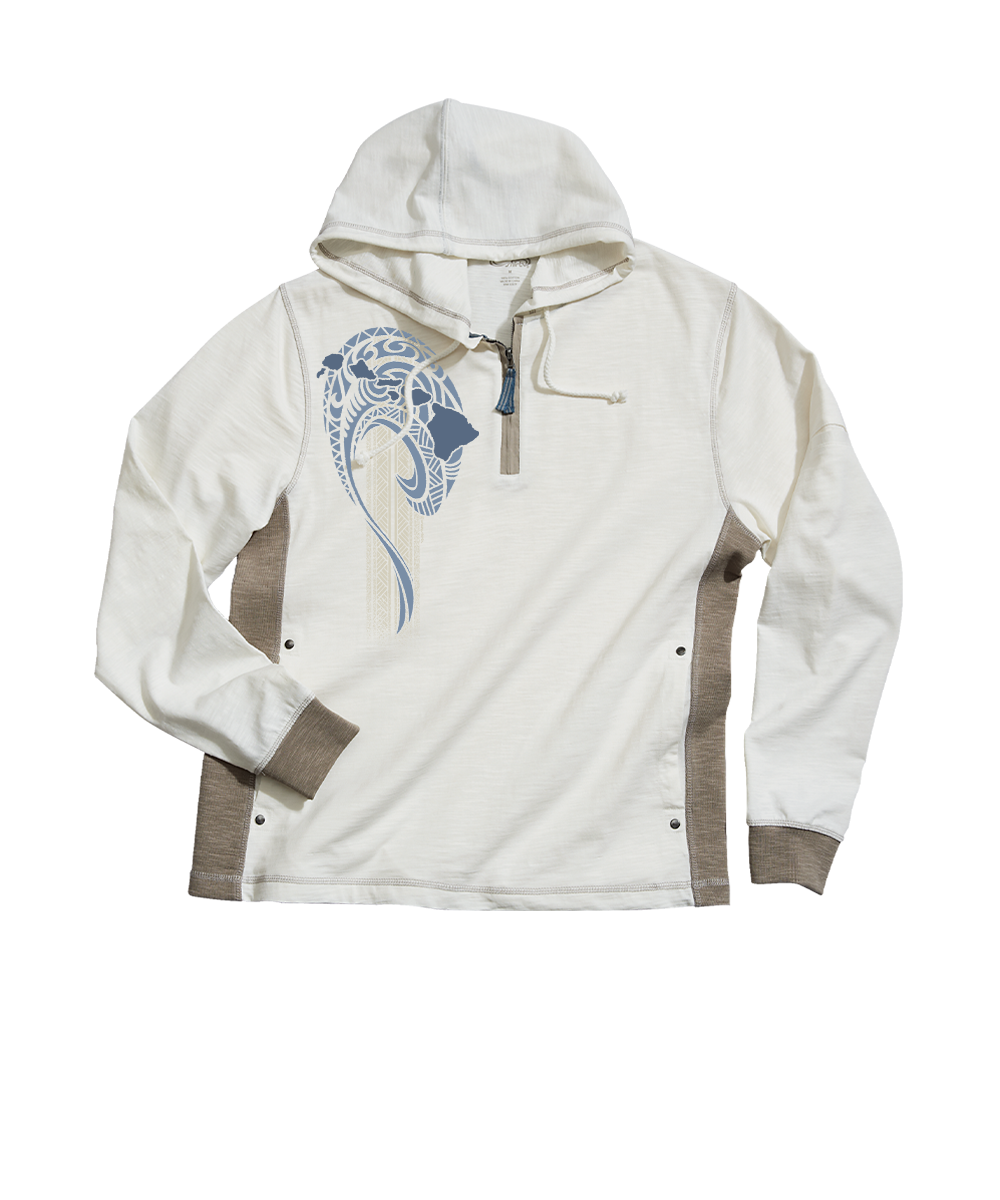 An off-white hooded long-sleeve shirt with brown side panels and cuffs, featuring a blue tribal-style graphic of the Hawaiian Islands on the left chest. View 1