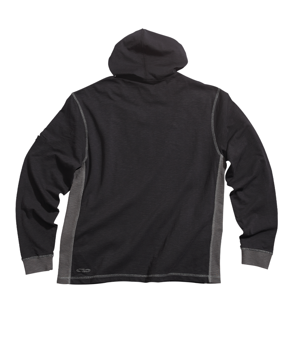 A black hooded long-sleeve shirt shown from the back, featuring contrasting gray side panels and gray ribbed cuffs, photographed against a plain white background. View 4
