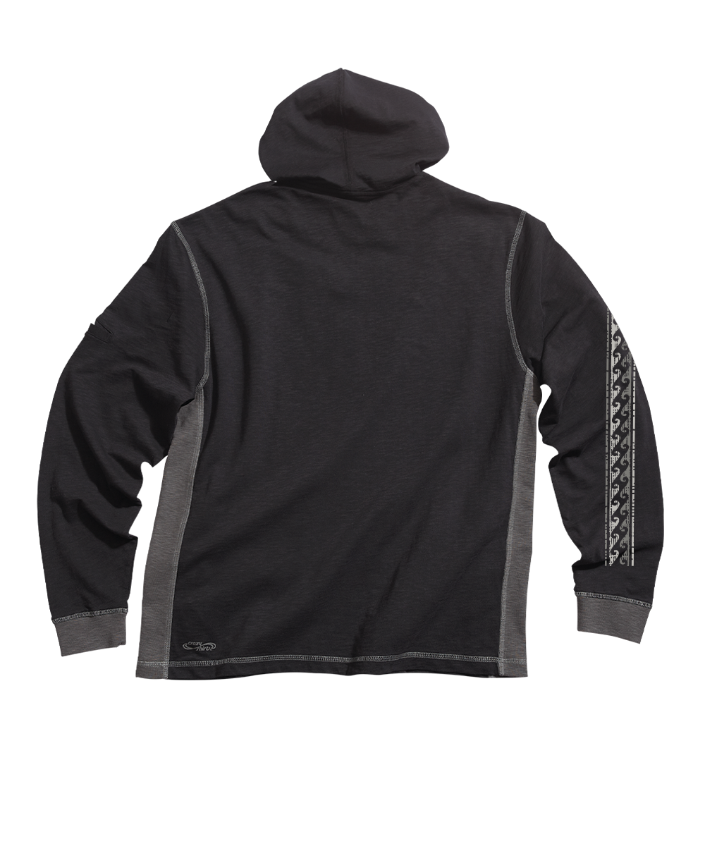 A black hooded sweatshirt shown from the back, featuring gray side panels and a patterned gray sleeve stripe on the right arm, photographed against a solid white background. View 4