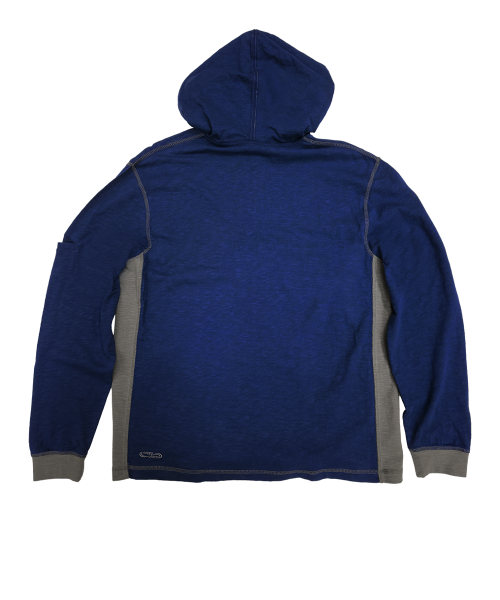 The back view of a heathered blue hooded sweatshirt with gray side panels and matching gray cuffs, shown on a plain white background. View 4