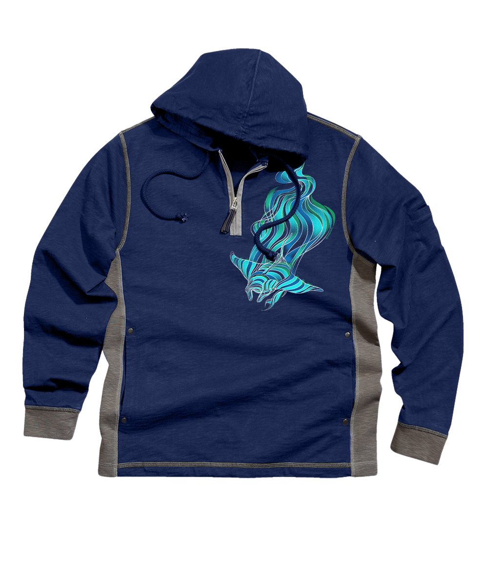 A navy blue pullover hoodie with gray side panels and cuffs, featuring a teal and blue graphic of a stylized manta ray on the left chest, set against a plain white background. View 1