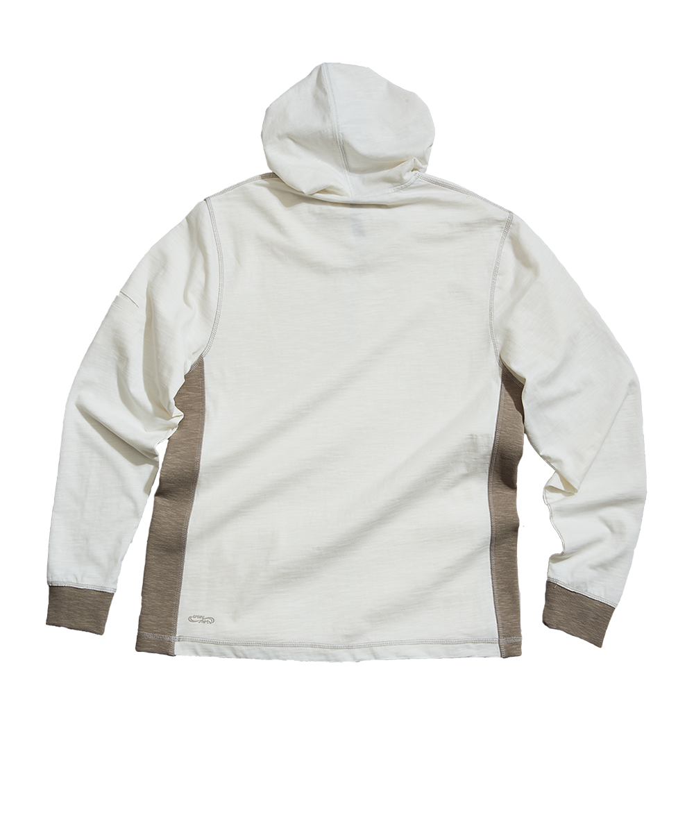 A hooded long-sleeve shirt shown from the back, featuring a warm off-white body with contrasting taupe-brown side panels and cuffs, laid flat on a white background. View 4