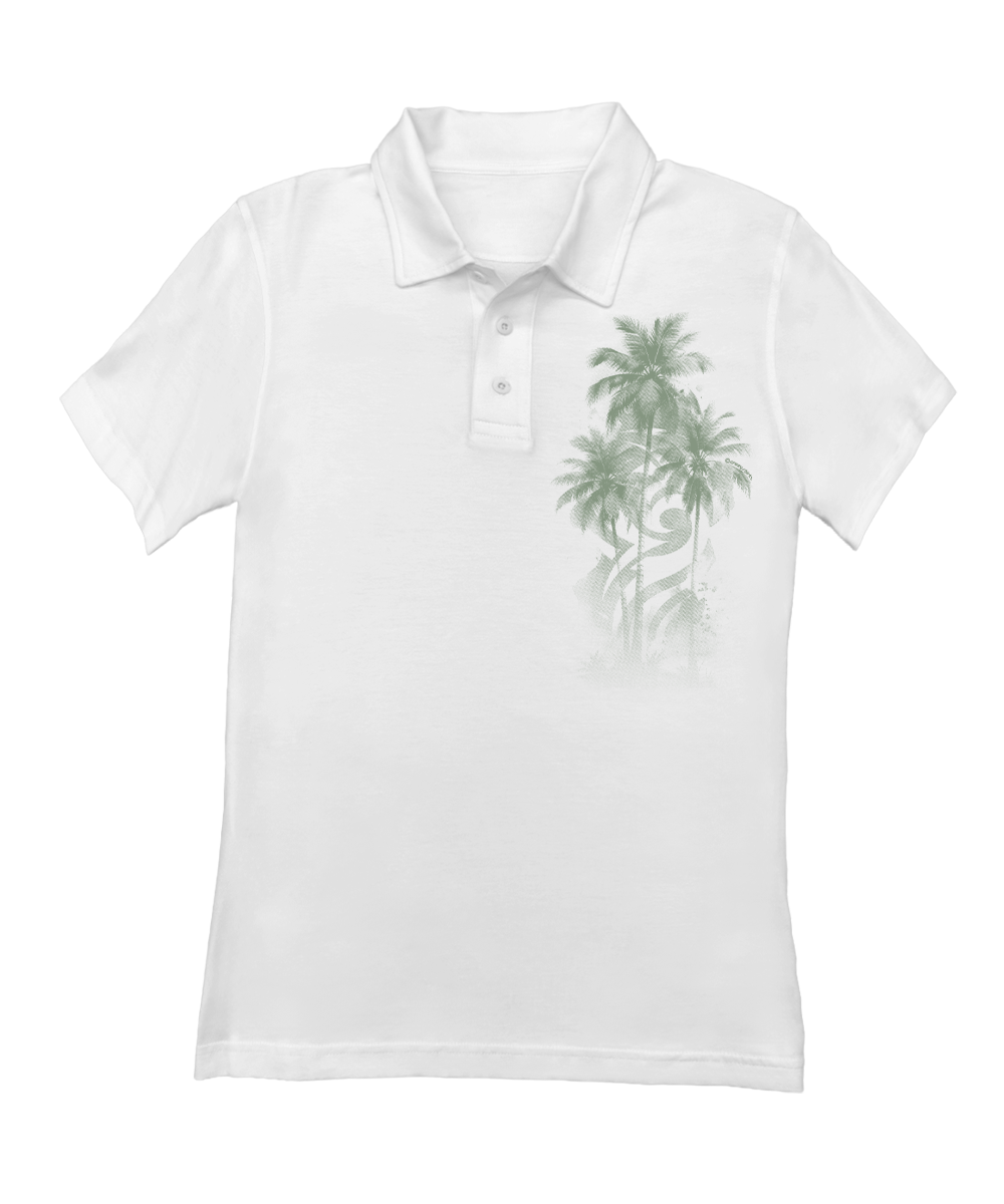White polo shirt with palm tree design on a white background View 1