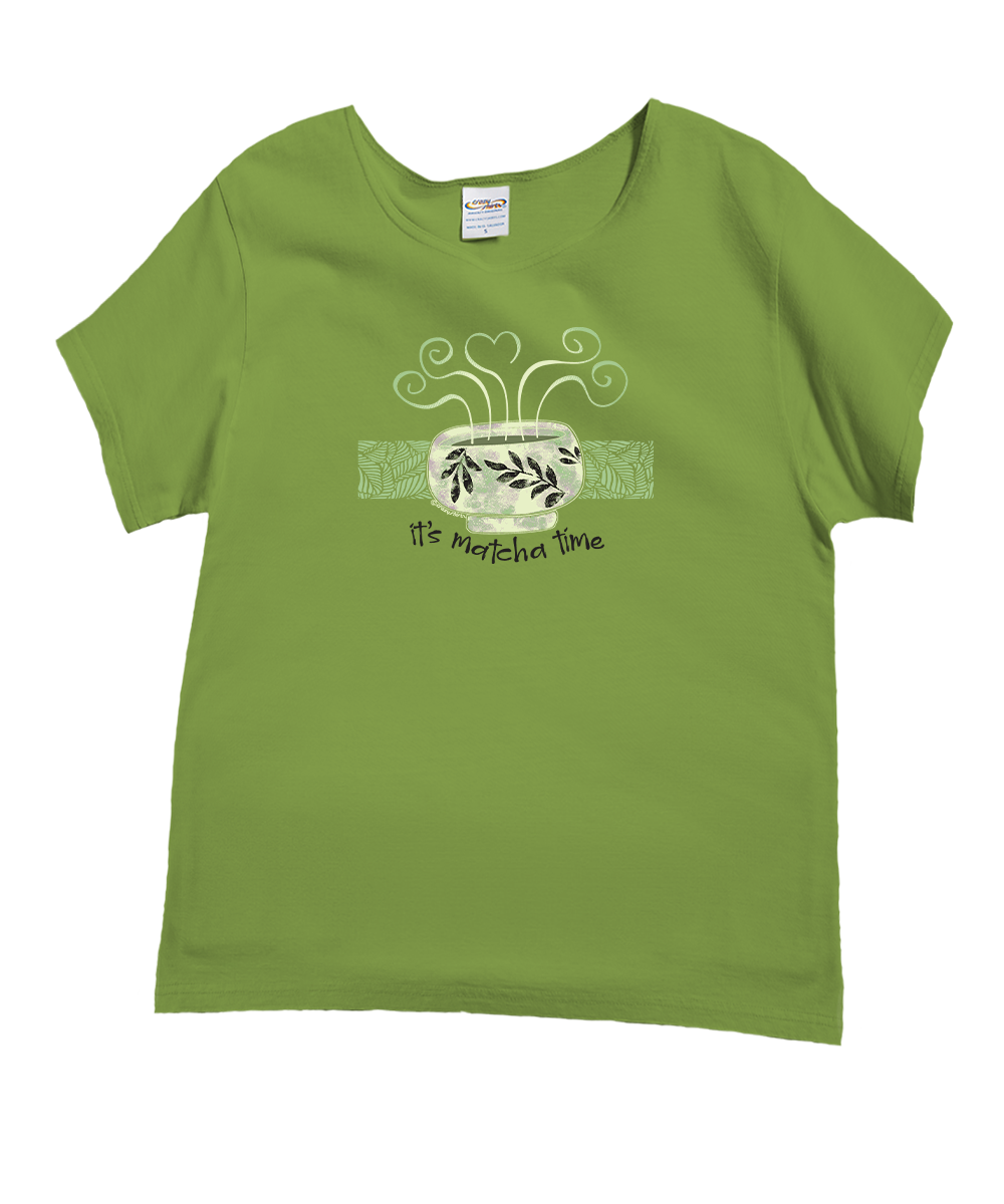 Green t-shirt with a graphic design on a white background View 1
