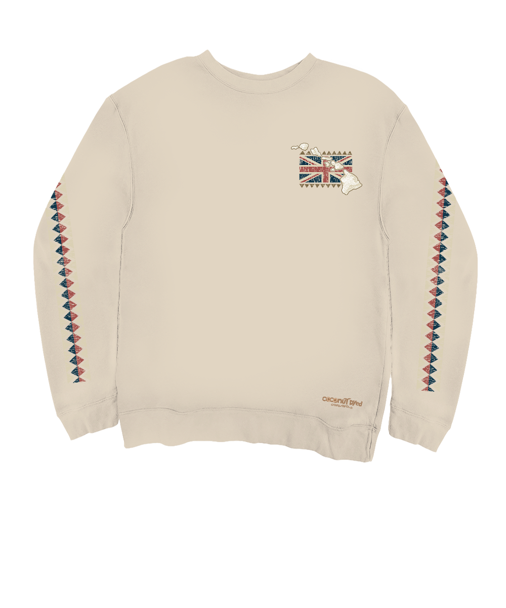 A cream-colored crewneck sweatshirt featuring a small graphic on the left chest with the words 'HAWAII' and a Union Jack design, and matching geometric patterned stripes down both sleeves. View 4