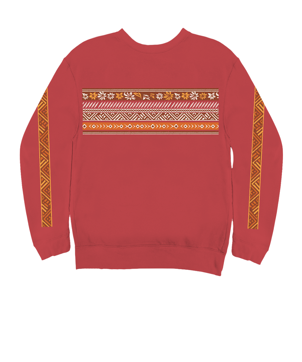 A red crewneck sweatshirt featuring a horizontal geometric pattern band across the chest and vertical patterned stripes down both sleeves, shown on a plain white background. View 4