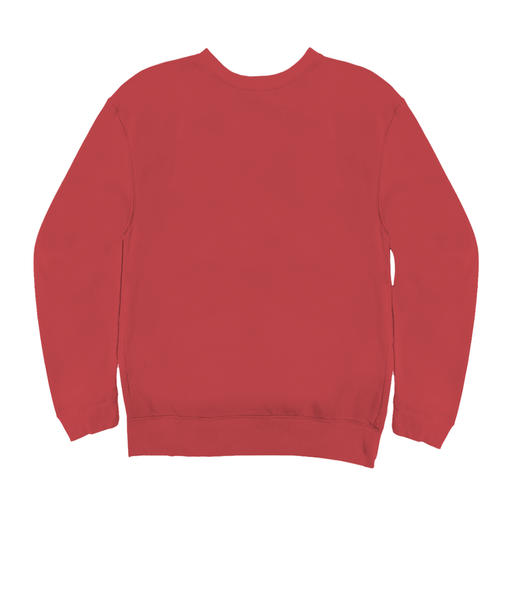 A solid red crewneck sweatshirt shown from the back, laid flat against a plain white background. View 4