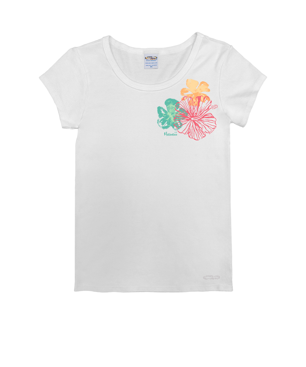 A white short-sleeve crewneck t-shirt featuring a colorful graphic of hibiscus flowers on the left chest, with the word 'Hawaii' printed below them. View 1