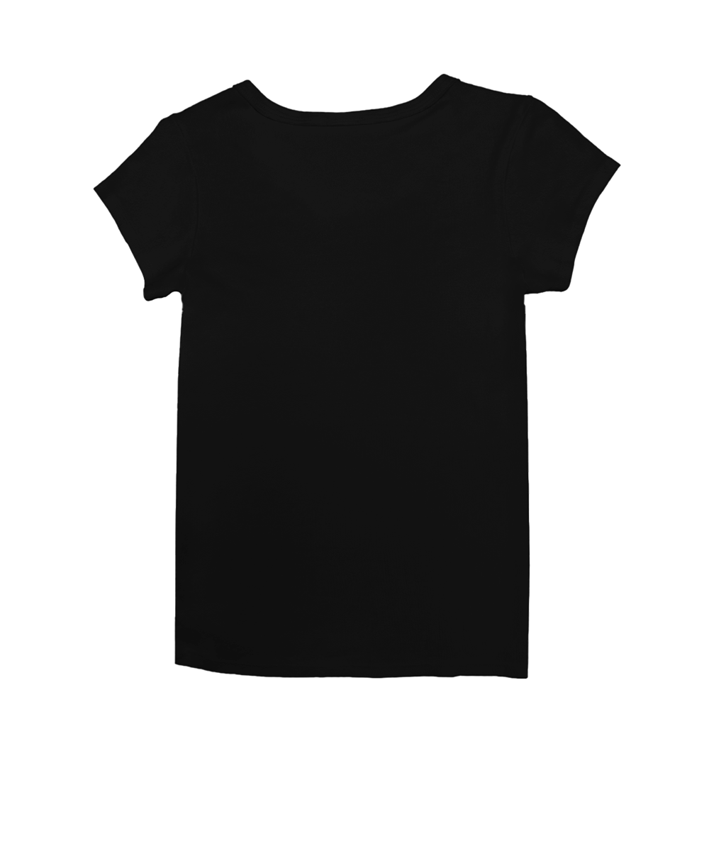 A plain black short-sleeve t-shirt with a wide boat neckline, shown flat against a solid white background. View 4