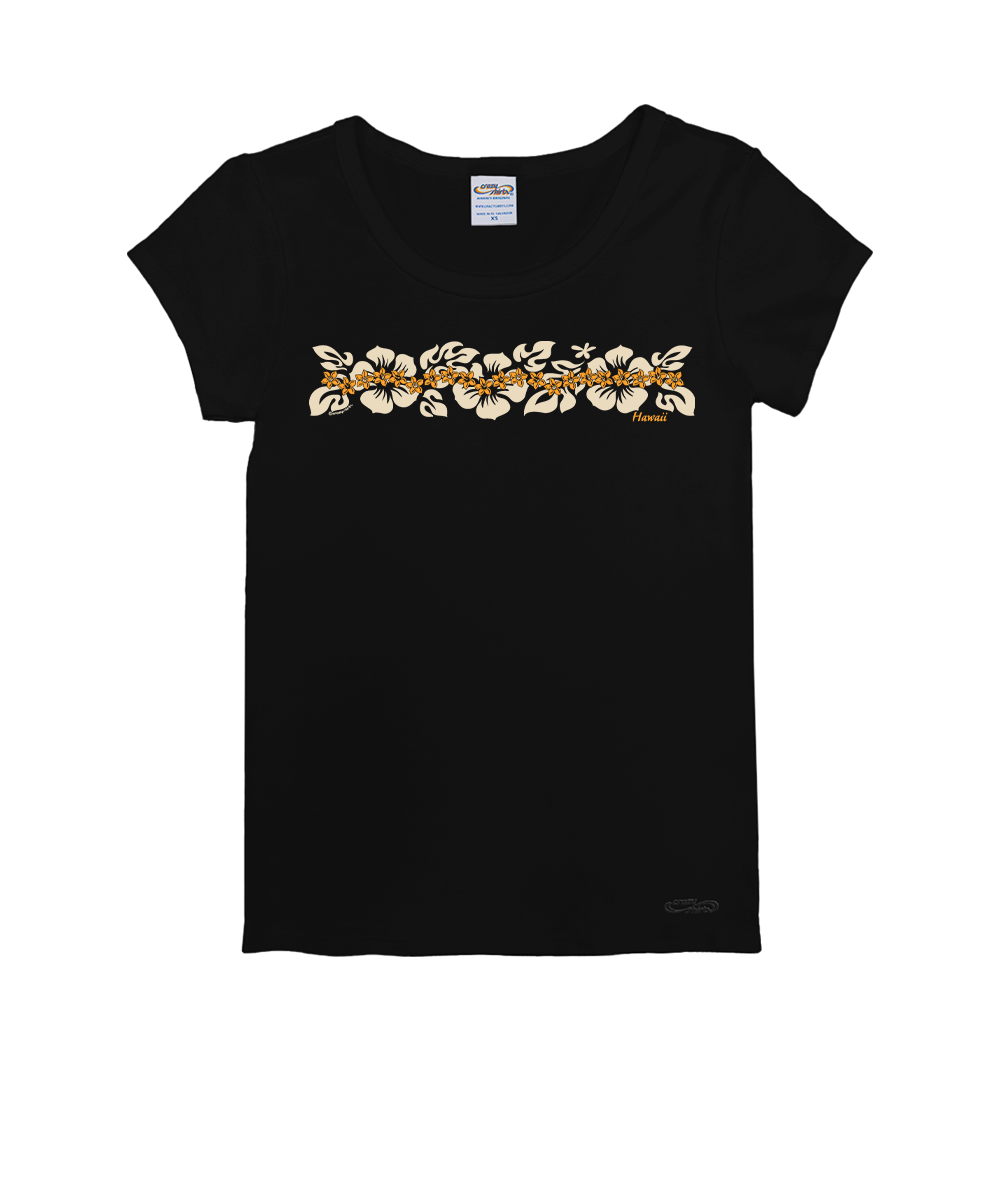 A black short-sleeve crewneck t-shirt featuring a horizontal row of white and gold hibiscus flowers across the chest, with a small gold logo on the lower right hem. View 1