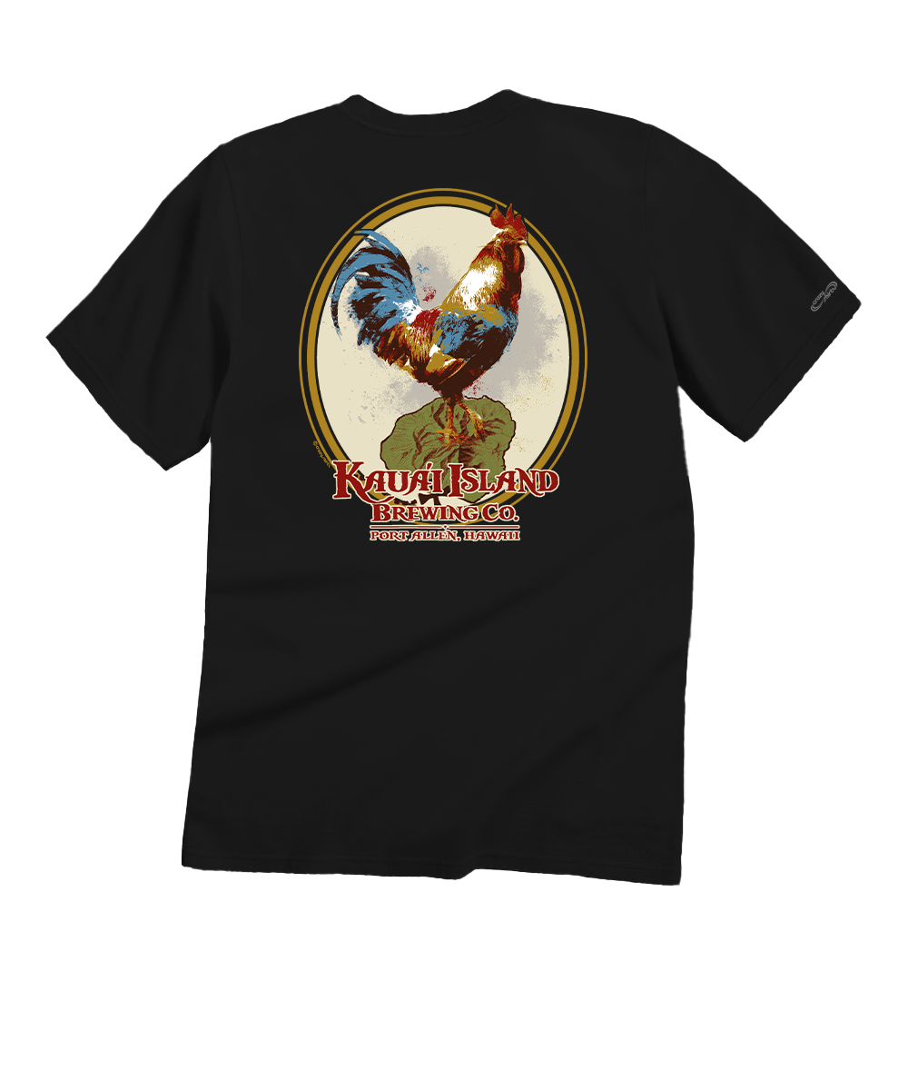 A black short-sleeve t-shirt shown from the back, featuring a large graphic print of a rooster inside an oval frame with the text 'Kauf Island Brewing Co' and 'Pleasanton, California'. View 1