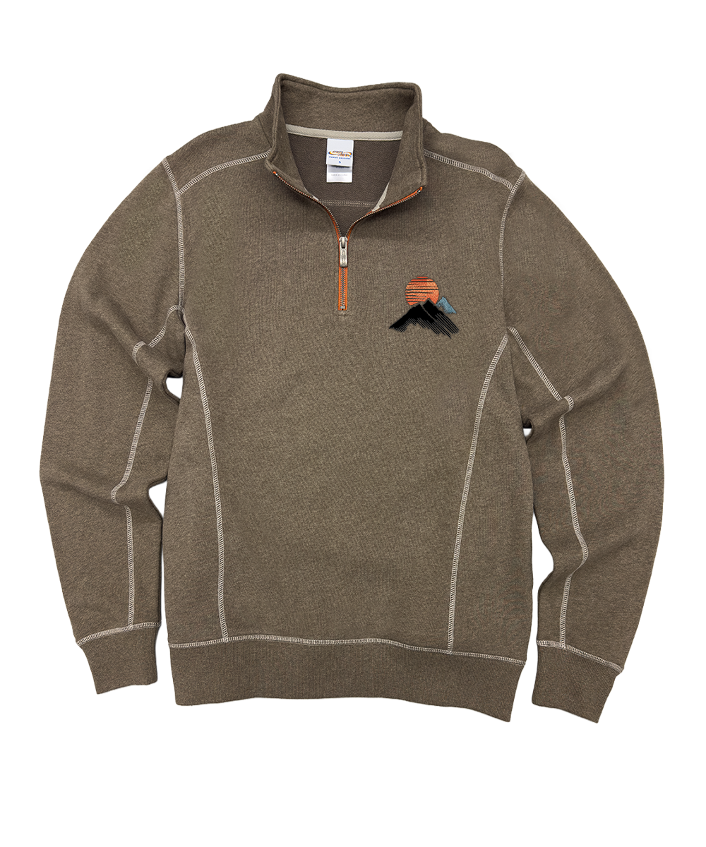 A brown quarter-zip pullover sweater with light beige contrast stitching and a small embroidered logo on the left chest, displayed on a solid white background. View 1