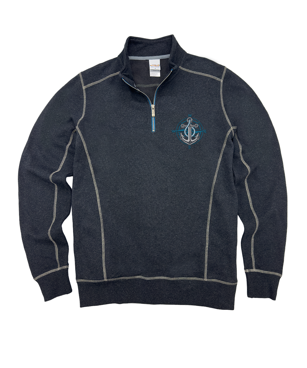 A dark heather gray quarter-zip pullover sweater with contrasting light gray piping and a small embroidered logo on the left chest, displayed on a solid white background. View 1