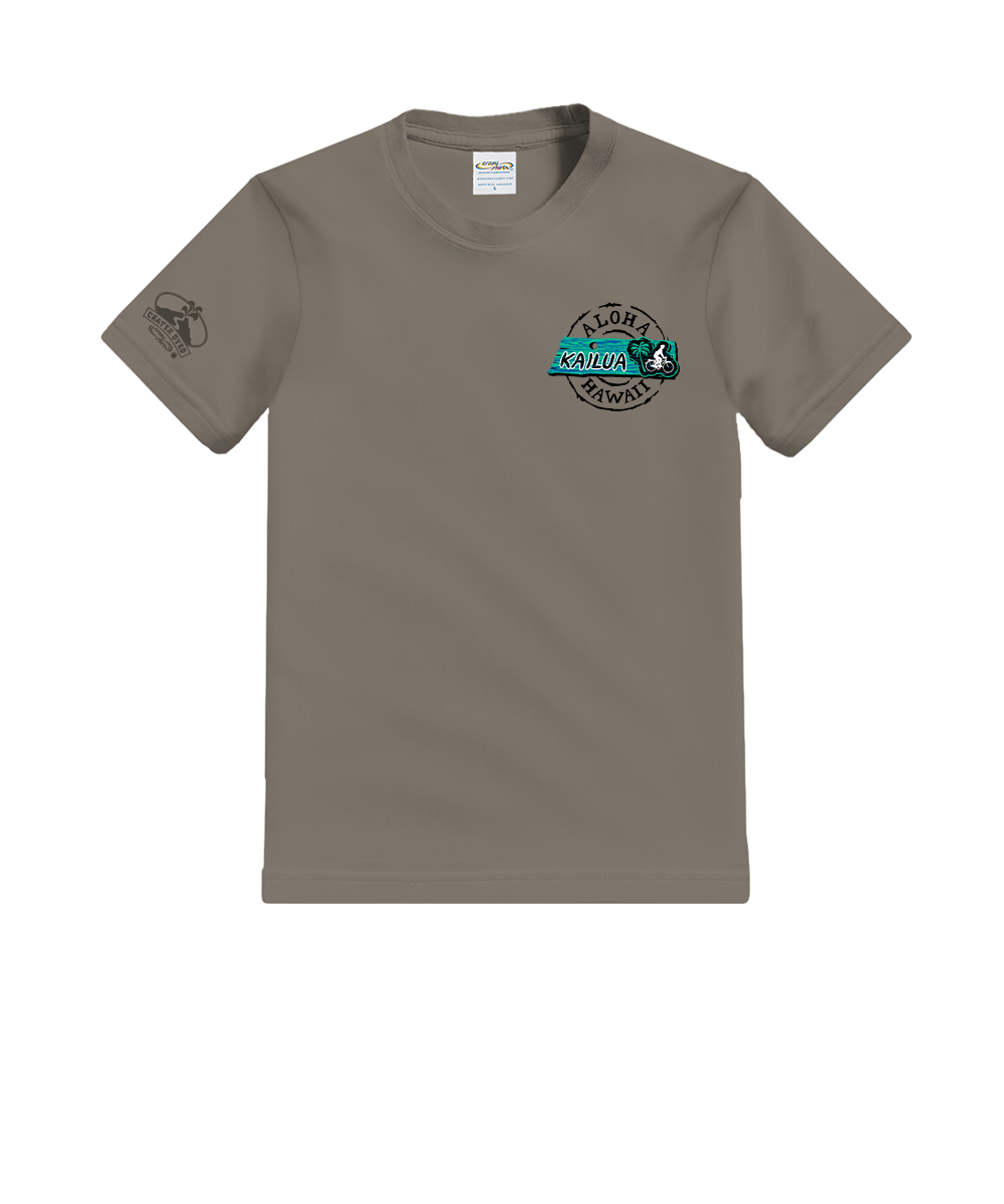 A short-sleeve crewneck t-shirt in a muted taupe-brown color, featuring a circular 'KAYAK' brand logo on the left chest with a turquoise wave graphic and a small graphic on the right sleeve. View 4