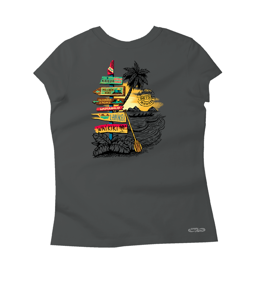 A dark gray short-sleeve t-shirt with a colorful graphic print on the front depicting a tropical island scene with a palm tree, a canoe, and a stack of colorful signposts. The brand name 'Wickero' is visible in script on the lower right hem. View 1