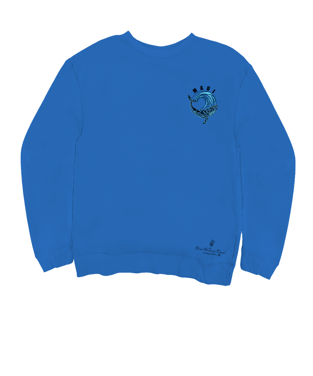 A royal blue crewneck sweatshirt featuring a small teal and black graphic of a whale on the left chest, and a small script logo near the bottom right hem. View 4