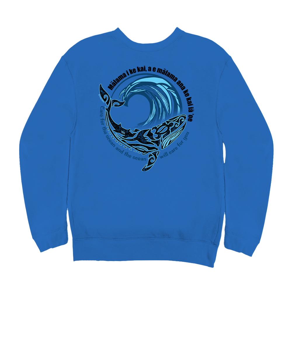 A royal blue crewneck sweatshirt shown from the back, featuring a large graphic of a stylized blue and black whale inside a curling wave, with black text curved around it. View 1