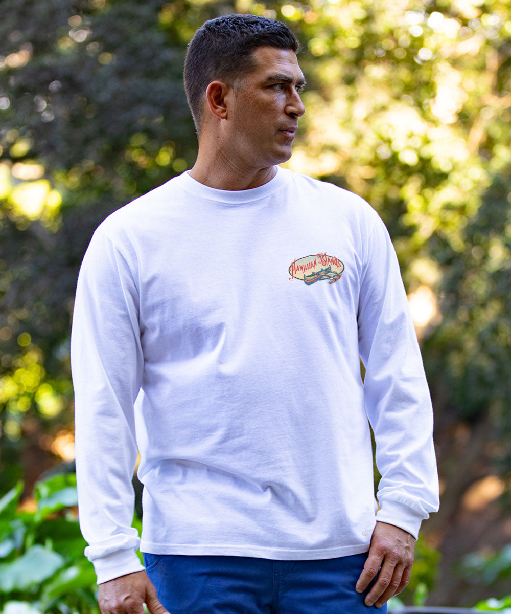 A man wearing a white long-sleeve crewneck t-shirt with a small colorful graphic on the left chest, set against a blurred green outdoor background. View 3