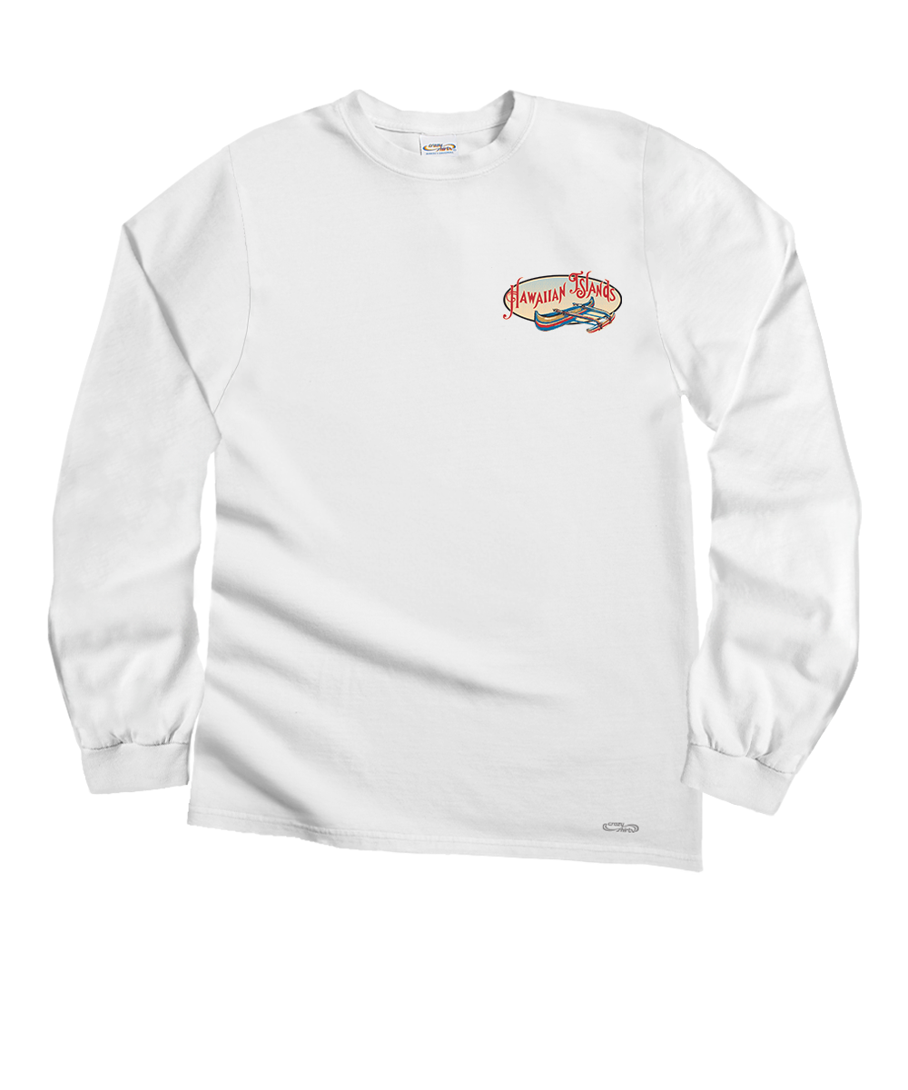 A white long-sleeve crewneck t-shirt with a small 'Hawaii Coast' graphic printed on the left chest, displayed on a clean white background. View 4