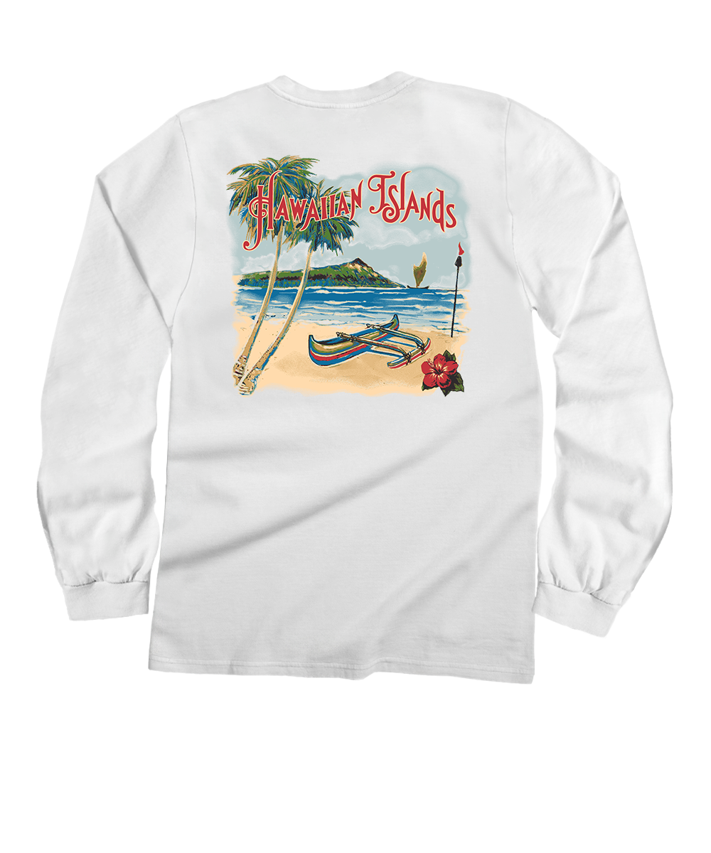 White long-sleeve t-shirt shown from the back, featuring a colorful graphic print of a Hawaiian Islands beach scene with palm trees, outrigger canoes, and red 'Hawaiian Islands' text. View 1