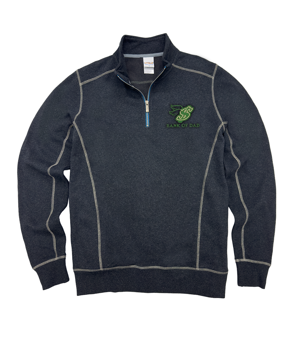 A dark heather gray quarter-zip pullover sweatshirt with a green and white 'Spartan Grid' logo on the left chest, featuring contrast light gray piping details. View 1