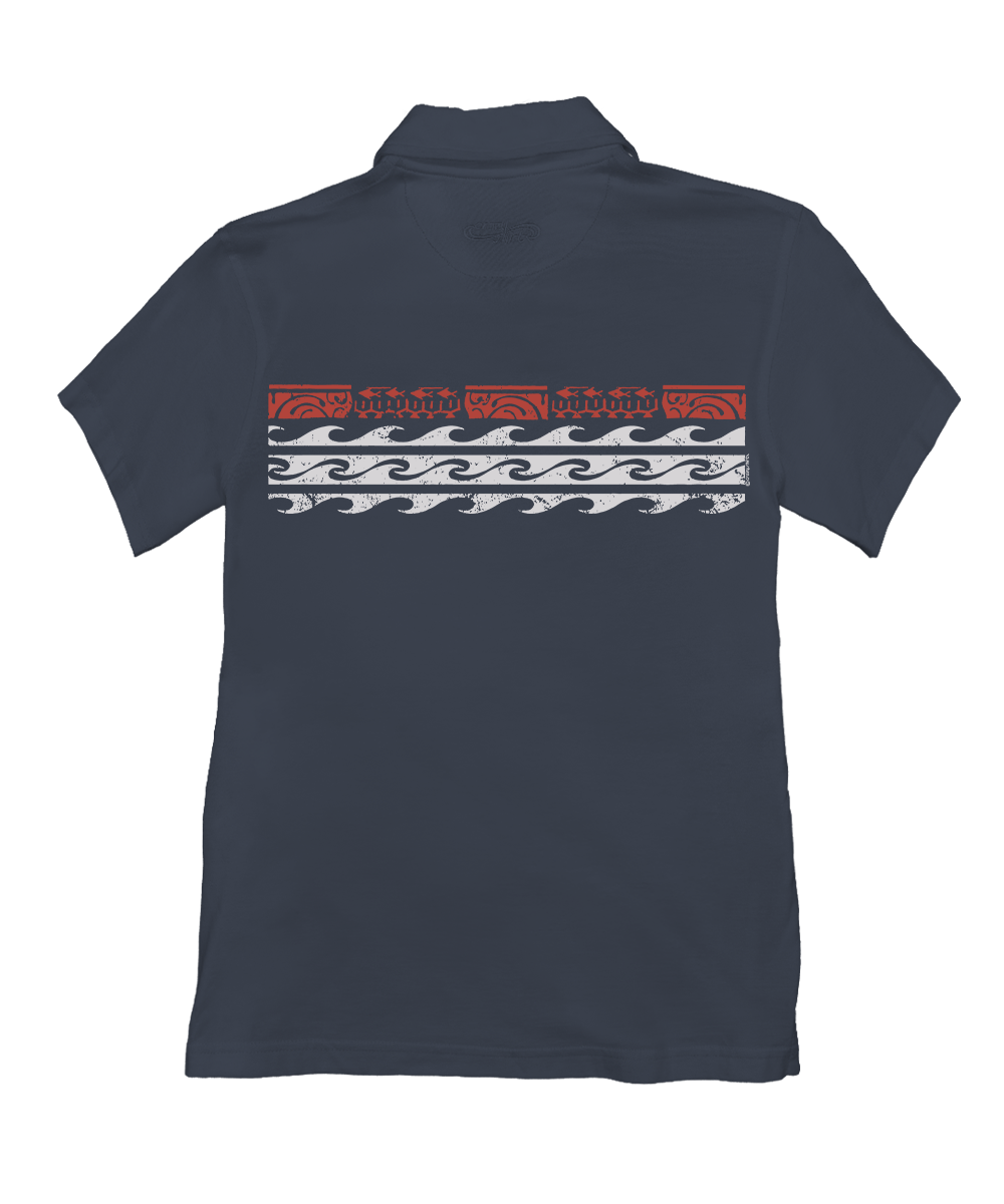 A navy blue short-sleeve polo shirt shown from the back, featuring a horizontal graphic print with red and white tribal-style patterns across the upper back. View 4