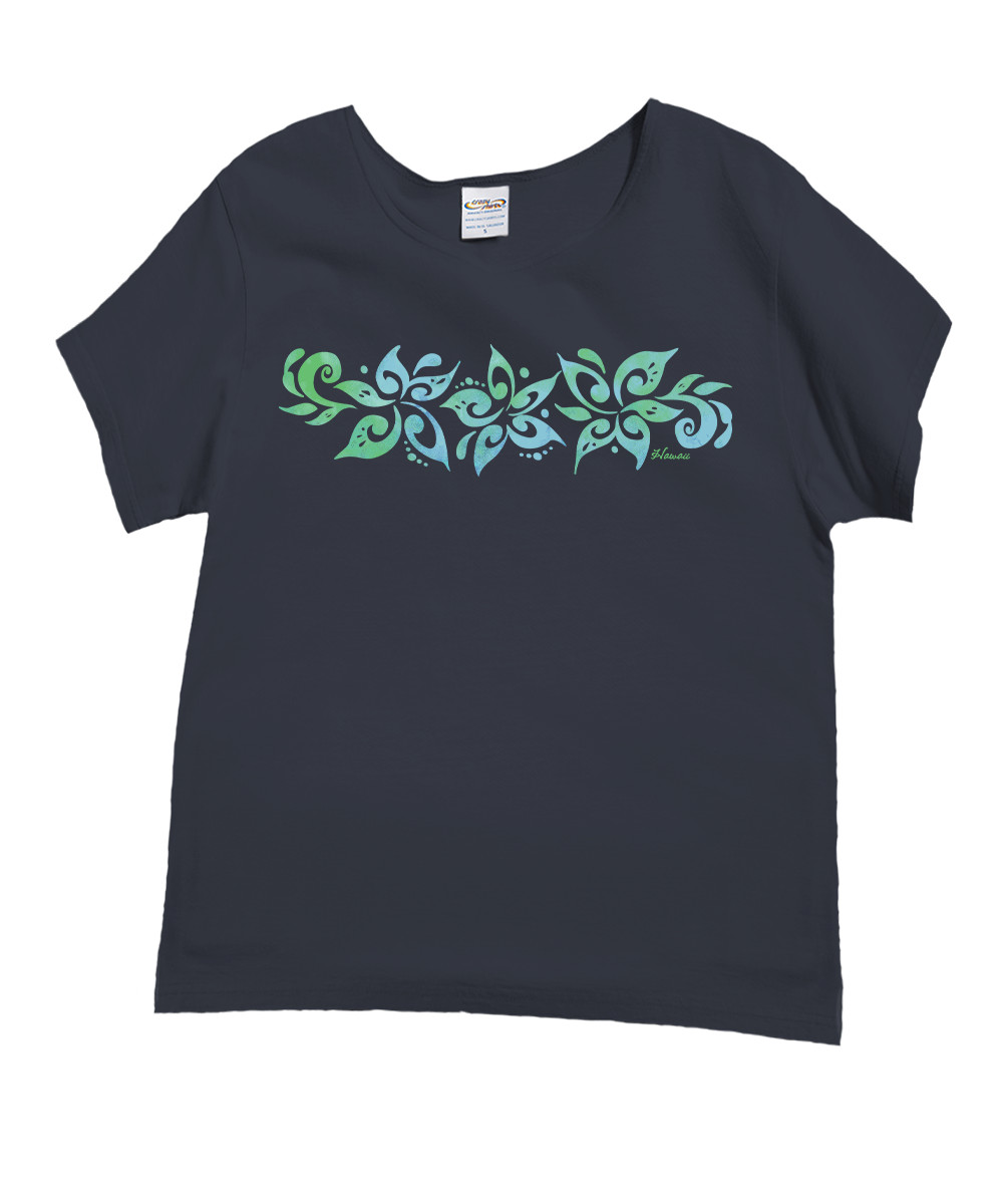 A short-sleeve crewneck t-shirt in dark navy blue, featuring a horizontal graphic print across the chest with green and light blue tribal-style floral and leaf patterns. View 1