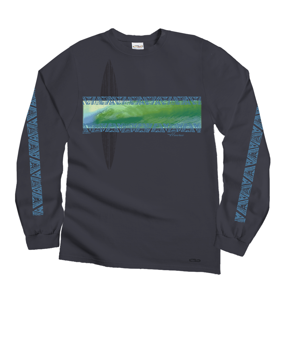 A dark charcoal gray long-sleeve t-shirt featuring a central graphic print of a green ocean wave on a surfboard, with blue tribal patterns running down both sleeves. View 1