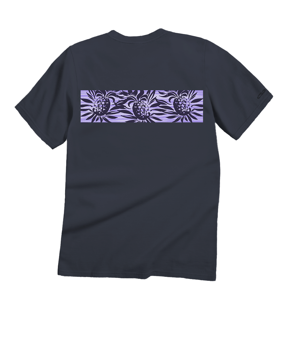 A dark charcoal gray short-sleeve t-shirt with a horizontal lavender and purple graphic print of stylized pineapples across the chest, shown against a plain white background. View 4