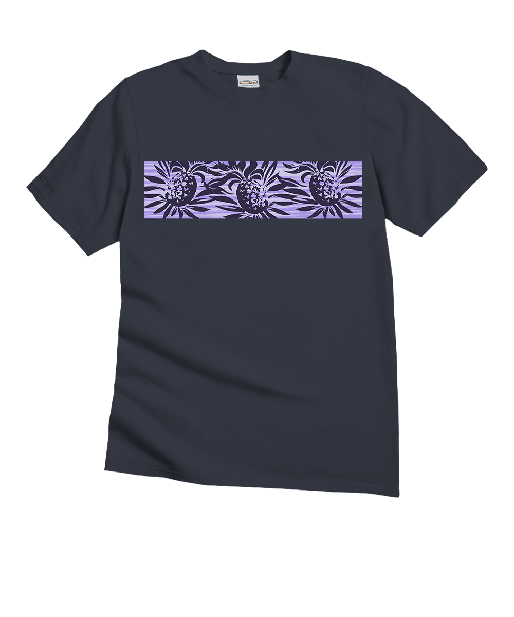 A dark charcoal gray short-sleeve crewneck t-shirt featuring a horizontal lavender and purple graphic print of pineapples and leaf patterns across the chest. View 1